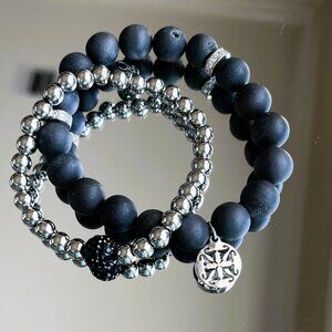 Rustic Cuff Stackable Stretch Bracelet Set Black Druzy Agate and Stainless Beads